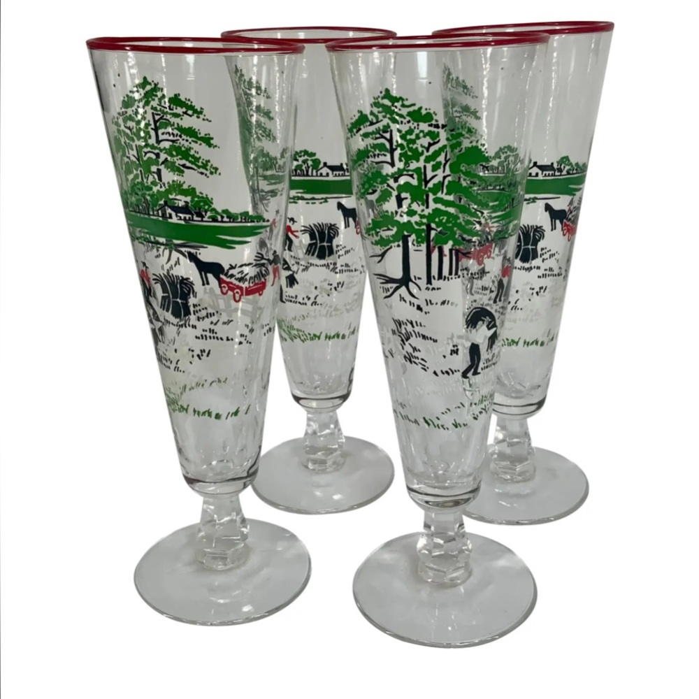 4 Vintage Libbey Currier & Ives Pilsner Beer Glasses “Making Hay” Red Rim EUC